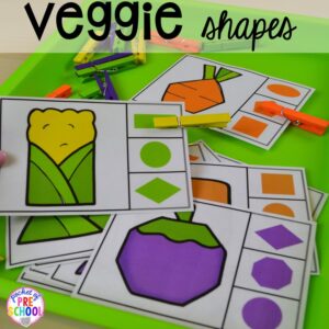 Veggie shape game! Plus tons more Food and nutrition centers for preschool, pre-k, and kindergarten. Reading, writing, math, fine motor, STEM, and art.
