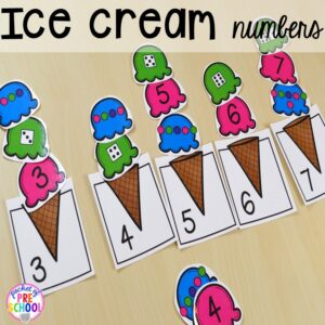 Ice cream numbers game! Plus tons more Food and nutrition centers for preschool, pre-k, and kindergarten. Reading, writing, math, fine motor, STEM, and art.