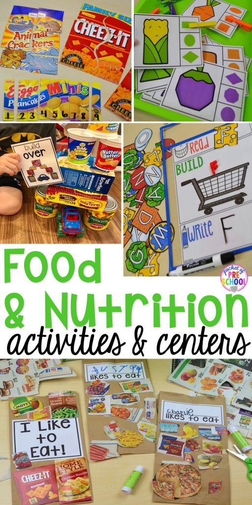Food and nutrition centers for preschool, pre-k, and kindergarten: reading, writing, math, fine motor, dramatic play, STEM, and art! Perfect for a grocery store theme.