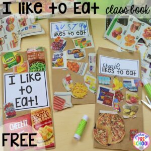 Food class book freebie! Plus tons more Food and nutrition centers for preschool, pre-k, and kindergarten. Reading, writing, math, fine motor, STEM, and art.
