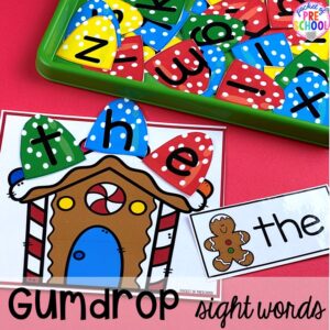 Build sight words, names, or match uppercase and lowercase letters using this gingerbread house and gumdrop letter printable perfect for preschool, pre-k, or kindergarten.