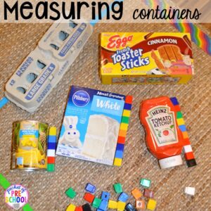 Measuring containers! Plus tons more Food and nutrition centers for preschool, pre-k, and kindergarten. Reading, writing, math, fine motor, STEM, and art.