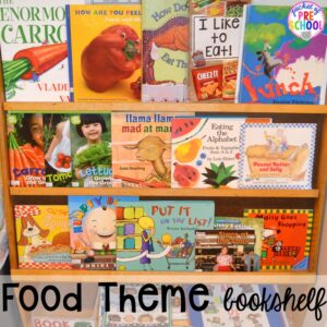 Food themed bookshelf! Plus tons more Food and nutrition centers for preschool, pre-k, and kindergarten. Reading, writing, math, fine motor, STEM, and art.