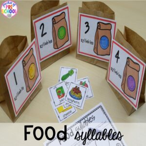 Food syllables game! Plus tons more Food and nutrition centers for preschool, pre-k, and kindergarten. Reading, writing, math, fine motor, STEM, and art.