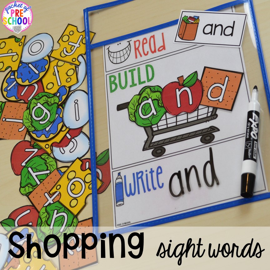 Shopping for sight words game! Plus tons more Food and nutrition centers for preschool, pre-k, and kindergarten. Reading, writing, math, fine motor, STEM, and art.