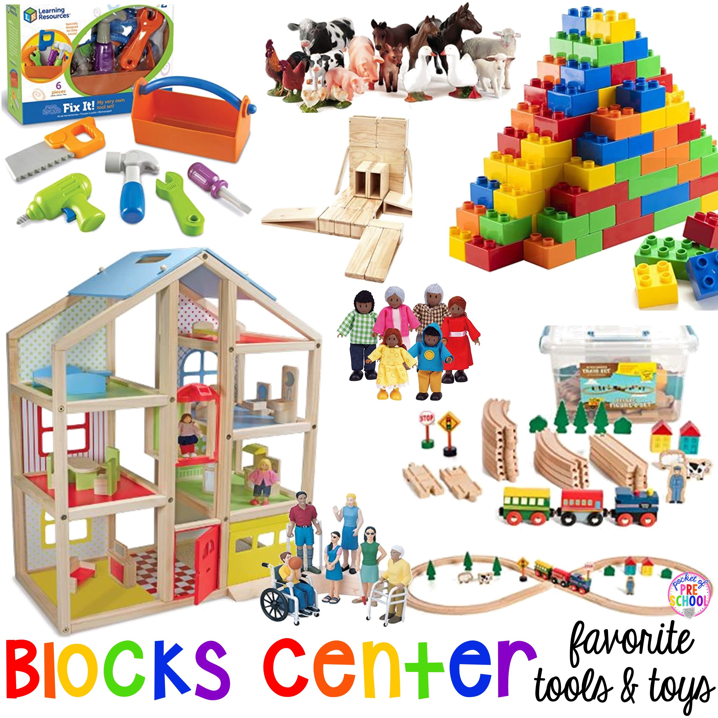 Favorite Blocks Center Tools and Toys for Preschool and Kindergarten in the classroom or at home.