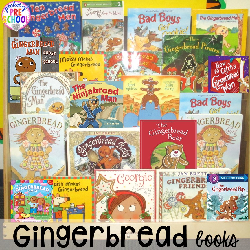 Gingerbread books on the bookshelf! Gingerbread book comparison activities for a gingerbread theme in a preschool, pre-k, and kindergarten classroom to build reading comprehension.