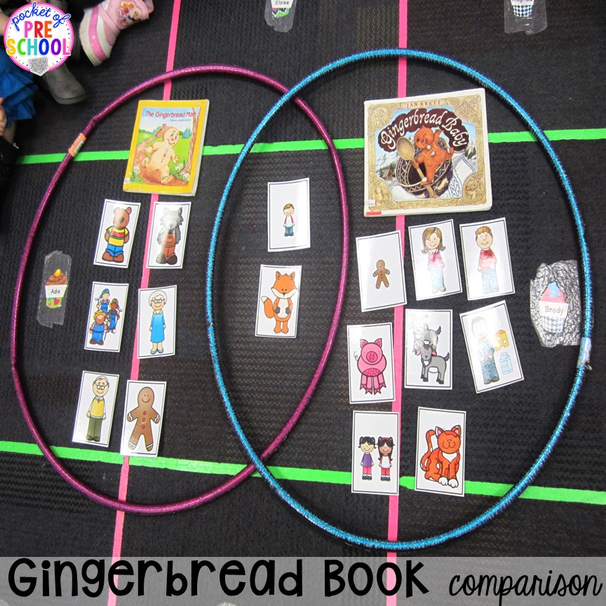 Compare gingerbread books with venn diagram using hula hoops! Gingerbread book comparison activities for a gingerbread theme in a preschool, pre-k, and kindergarten classroom to build reading comprehension.