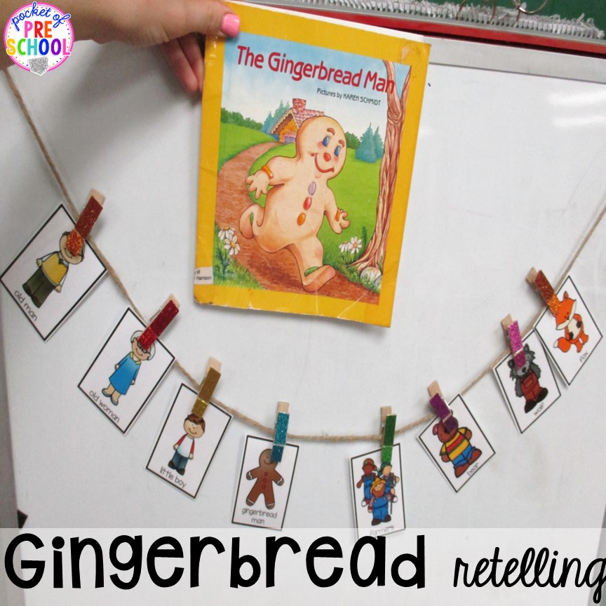 Retell gingerbread books using character cards at circle time! Gingerbread book comparison activities for a gingerbread theme in a preschool, pre-k, and kindergarten classroom to build reading comprehension.