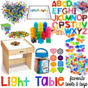 Huge list of LIGHT TABLE tools & toys for the classroom....preschool, pre-k, and kindergarten or for home. Explore math, literacy, and STEM at the light table with these tools!