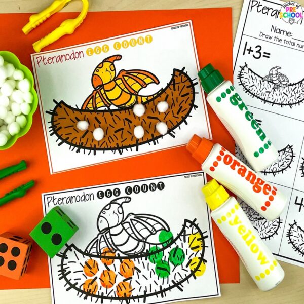 Have a dinosaur theme in your preschool, pre-k, or kindergarten classroom while learning math and literacy skills.