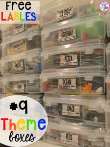 Theme box hack plus 14 more classroom organization hacks to make teaching easier that every preschool, pre-k, kindergarten, and elementary teacher should know. FREE theme box labels too!