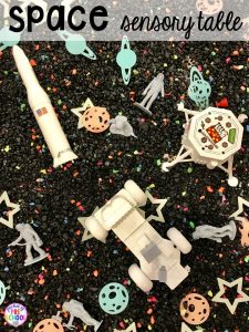 Space sensory table! Space theme activities and centers (literacy, math, fine motor, stem, blocks, sensory, and more) for preschool, pre-k, and kindergarten
