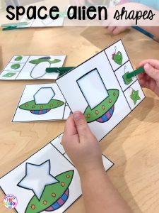 Space shape game! Space theme activities and centers (literacy, math, fine motor, stem, blocks, sensory, and more) for preschool, pre-k, and kindergarten