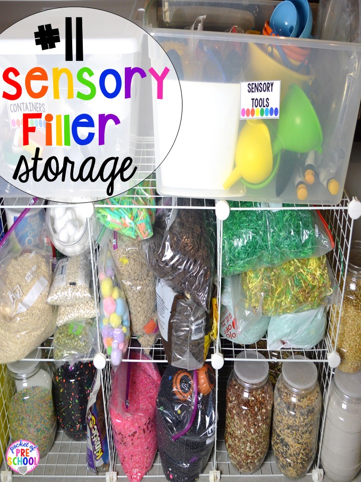 Sensory filler storage hack plus 14 more classroom organization hacks to make teaching easier that every preschool, pre-k, kindergarten, and elementary teacher should know. FREE theme box labels too!