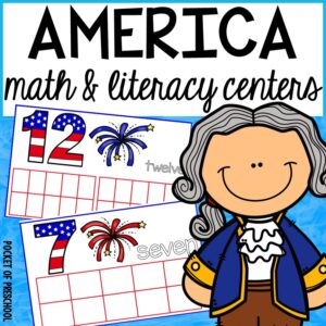Math and literacy centers with a USA theme made for preschool, pre-k, or kindergarten students