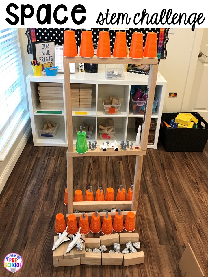 Space stem challenge! Space theme activities and centers (literacy, math, fine motor, stem, blocks, sensory, and more) for preschool, pre-k, and kindergarten