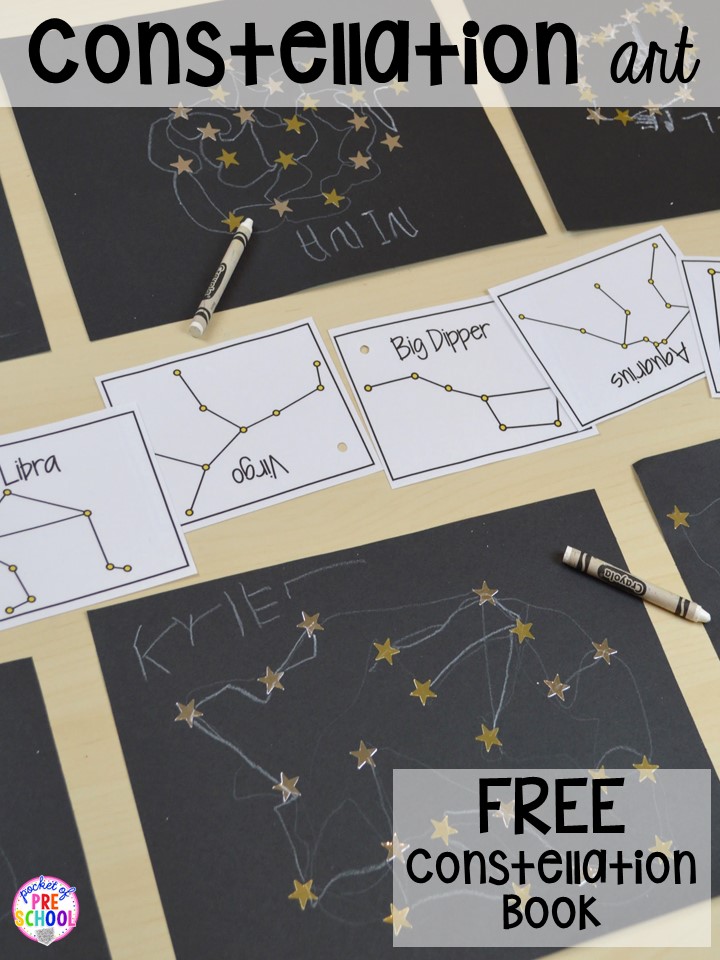 FREE constellation mini book! Space theme activities and centers (literacy, math, fine motor, stem, blocks, sensory, and more) for preschool, pre-k, and kindergarten