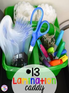 Lamination caddie hack plus 14 more classroom organization hacks to make teaching easier that every preschool, pre-k, kindergarten, and elementary teacher should know. FREE theme box labels too!