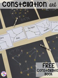 FREE Star constellation book for star art! Space theme activities and centers (literacy, math, fine motor, stem, blocks, sensory, and more) for preschool, pre-k, and kindergarten