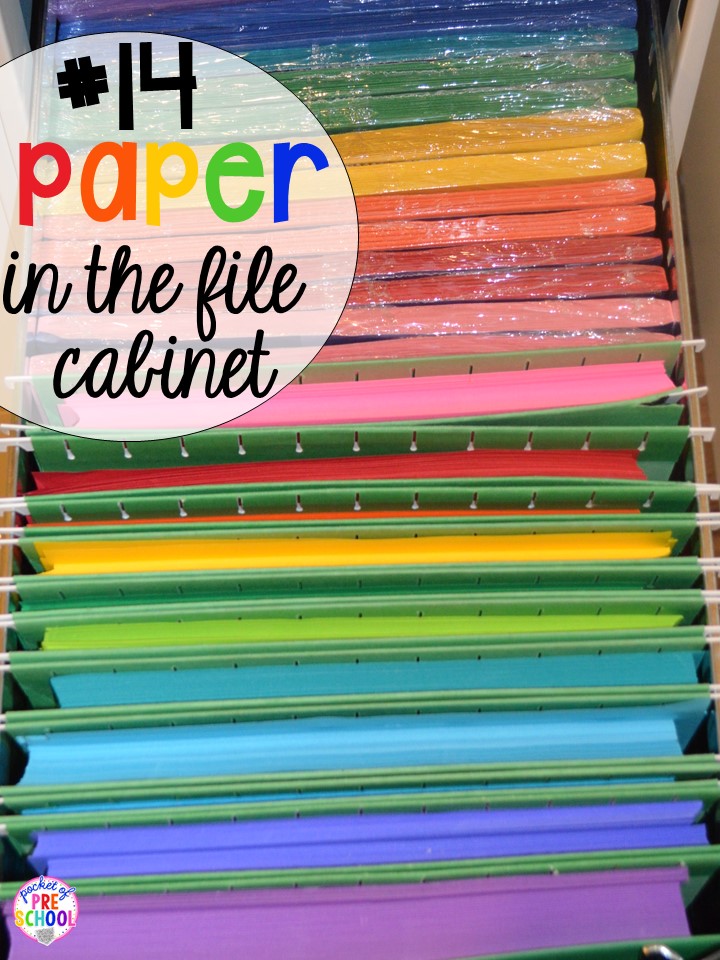 Paper storage hack plus 14 more classroom organization hacks to make teaching easier that every preschool, pre-k, kindergarten, and elementary teacher should know. FREE theme box labels too!