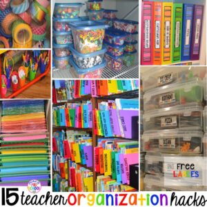 15 classroom organization hacks to make teaching easier that every preschool, pre-k, kindergarten, and elementary teacher should know. FREE theme box labels too!