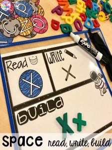 Space letter read, build, write! Space theme activities and centers (literacy, math, fine motor, stem, blocks, sensory, and more) for preschool, pre-k, and kindergarten