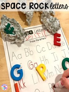 Space rock letter hunt! Space theme activities and centers (literacy, math, fine motor, stem, blocks, sensory, and more) for preschool, pre-k, and kindergarten