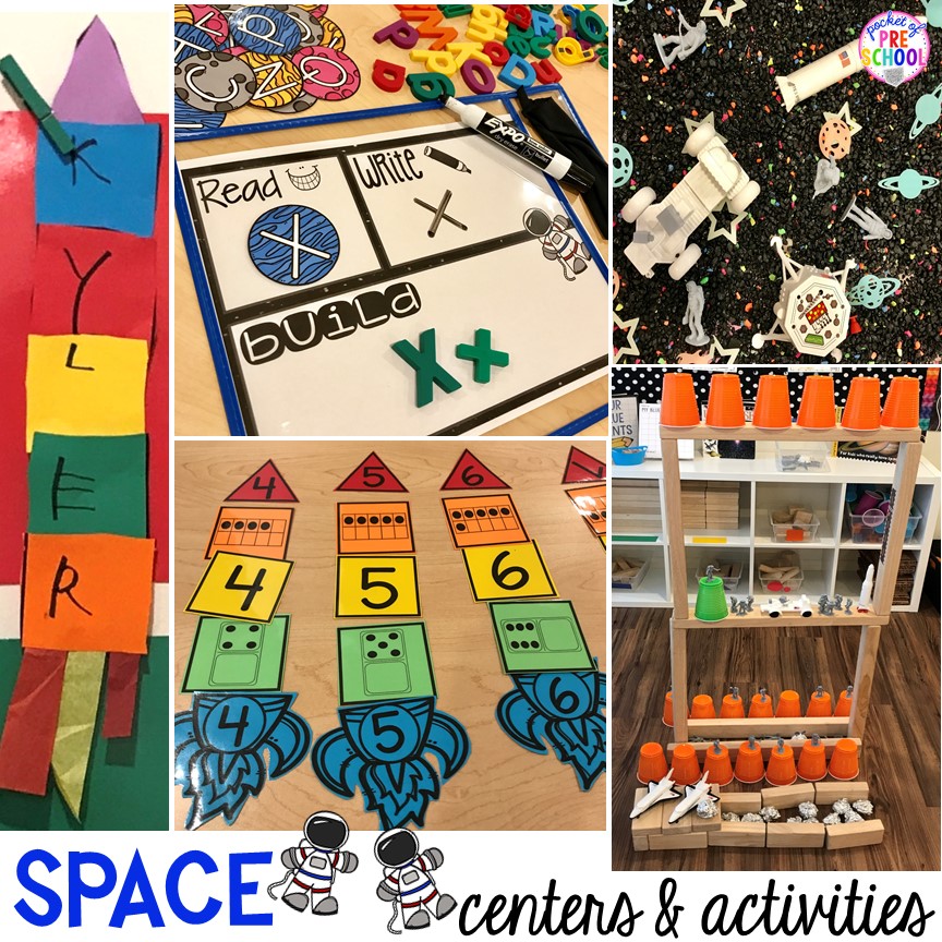 Space theme activities and centers (literacy, math, fine motor, stem, blocks, sensory, and more) for preschool, pre-k, and kindergarten