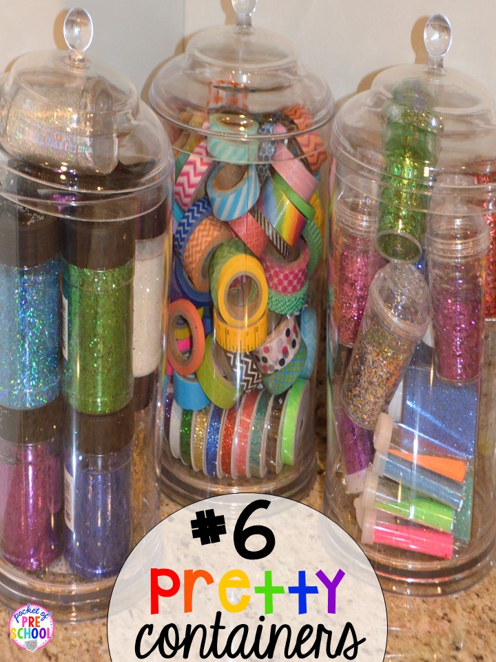Pretty supply jars hack plus 14 more classroom organization hacks to make teaching easier that every preschool, pre-k, kindergarten, and elementary teacher should know. FREE theme box labels too!
