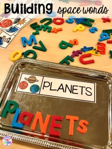 Building space words! Space theme activities and centers (literacy, math, fine motor, stem, blocks, sensory, and more) for preschool, pre-k, and kindergarten