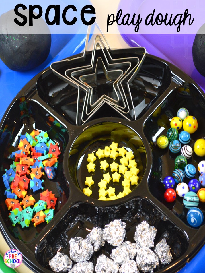 Space play dough tray Space theme activities and centers (literacy, math, fine motor, stem, blocks, sensory, and more) for preschool, pre-k, and kindergarten