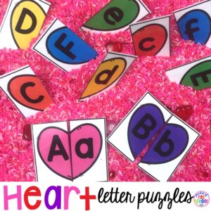 Valentine heart letter puzzles for preschool, pre-k, and kindergarten. Match uppercase and lowercase letters.