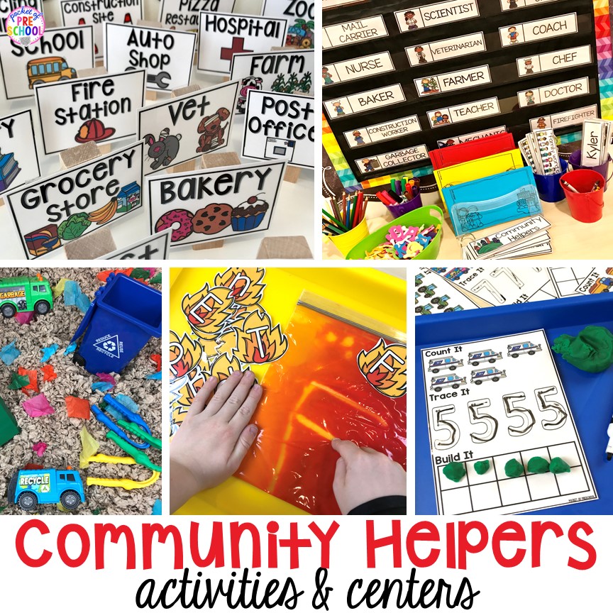 Community Helper themed activities and centers for preschool, pre-k, and kindergarten. Plus FREE community signs & fire printable.