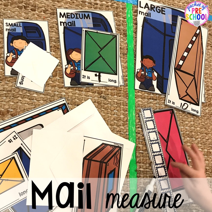 Post office mail measure! Community Helper themed activities and centers for preschool, pre-k, and kindergarten. 