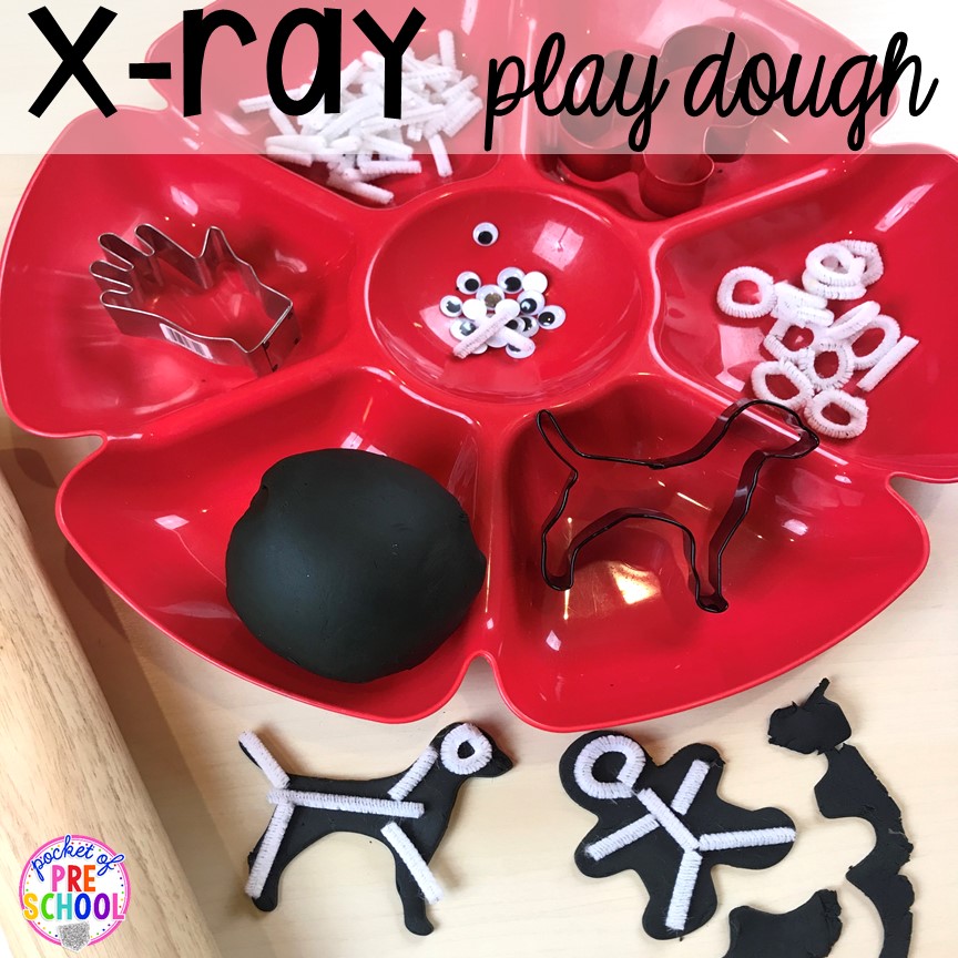X-ray play dough tray! Community Helper themed activities and centers for preschool, pre-k, and kindergarten. 