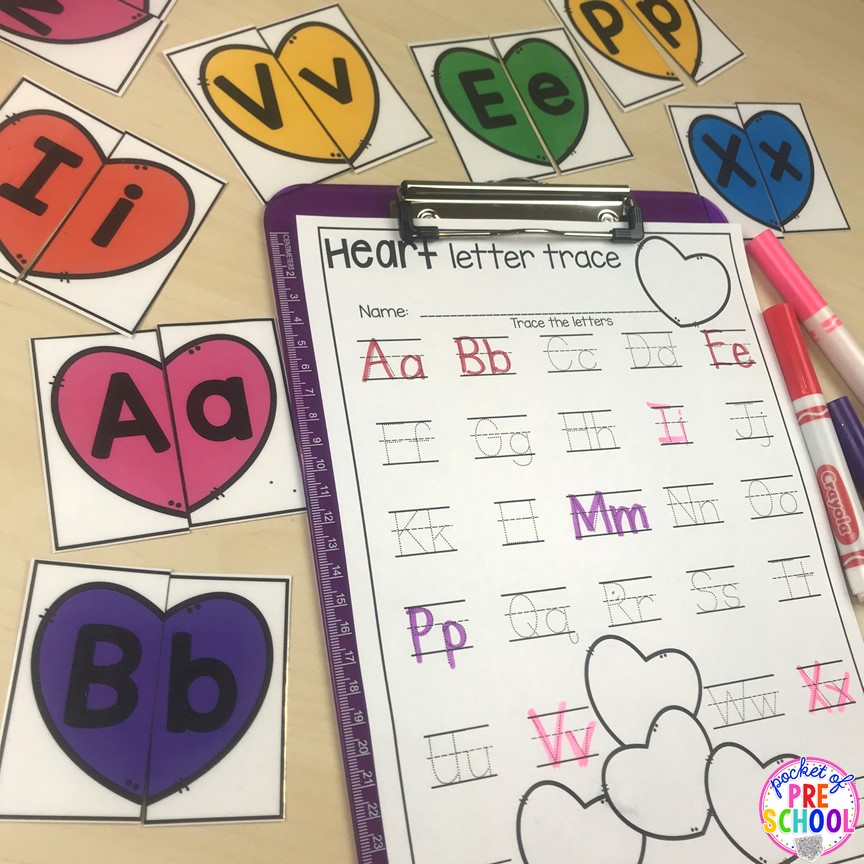 Valentine heart letter puzzles for preschool, pre-k, and kindergarten. Match uppercase and lowercase letters.