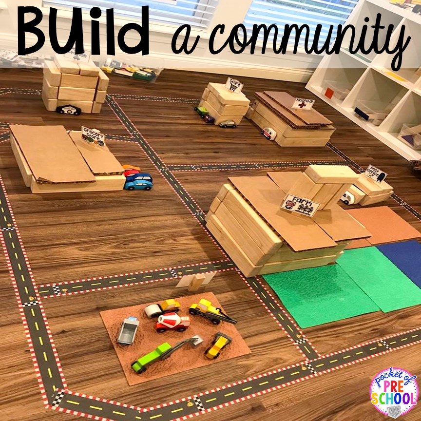 Build a community with road tape and FREE community signs for the blocks center! 