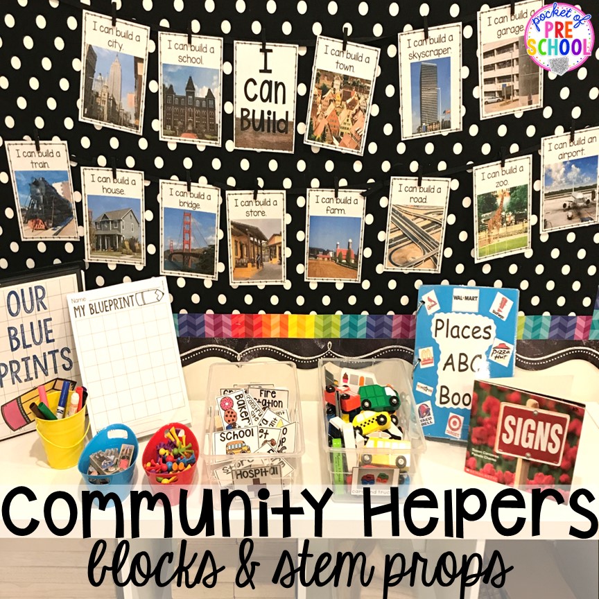 Community Helper block props & FREE Community Signs! Community Helper themed activities and centers for preschool, pre-k, and kindergarten.