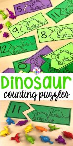 FREE dinosaur counting puzzles (1-20) fun for preschool, pre-k, and kindergarten kiddos! Can't wait to use these for my dinosaur theme. #pocketofpreschool #dinosaurtheme #countinggame #preschool