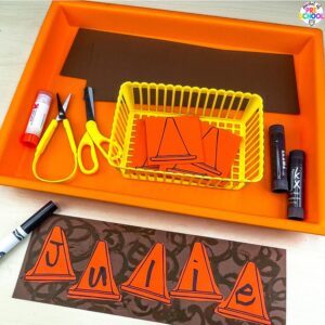 Construction name cutting craftivity for preschool, pre-k, and kindergarten students plus 15 other math, literacy, and fine motor activities with a construction theme.