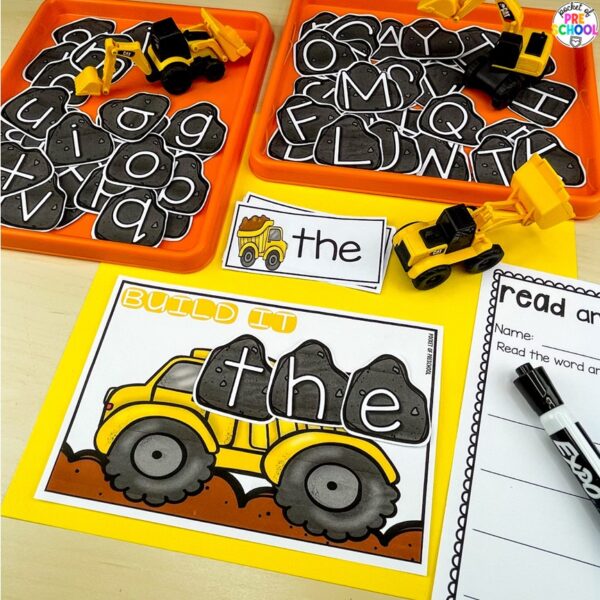 Construction sight word building activity for preschool, pre-k, and kindergarten students plus 15 other math, literacy, and fine motor activities with a construction theme.