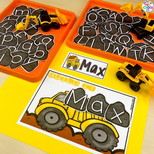 Construction name building activity for preschool, pre-k, and kindergarten students plus 15 other math, literacy, and fine motor activities with a construction theme.