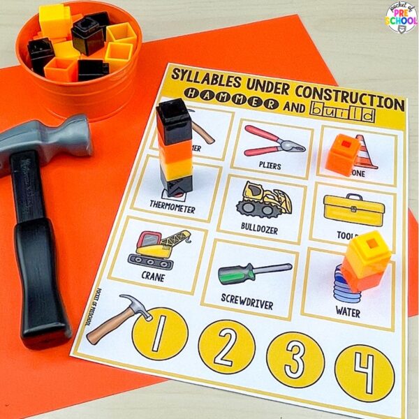 Construction syllable mats for preschool, pre-k, and kindergarten students plus 15 other math, literacy, and fine motor activities with a construction theme.