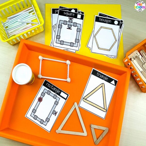 Construction 2D shape mats for preschool, pre-k, and kindergarten students plus 15 other math, literacy, and fine motor activities with a construction theme.