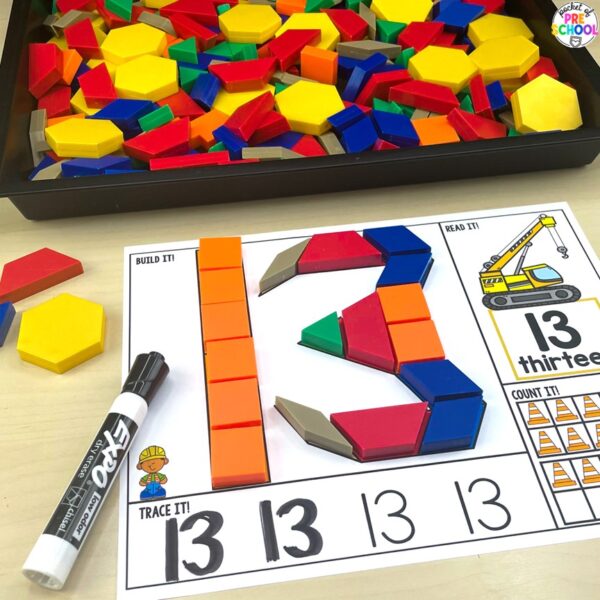 Construction number formation mats for preschool, pre-k, and kindergarten students plus 15 other math, literacy, and fine motor activities with a construction theme.