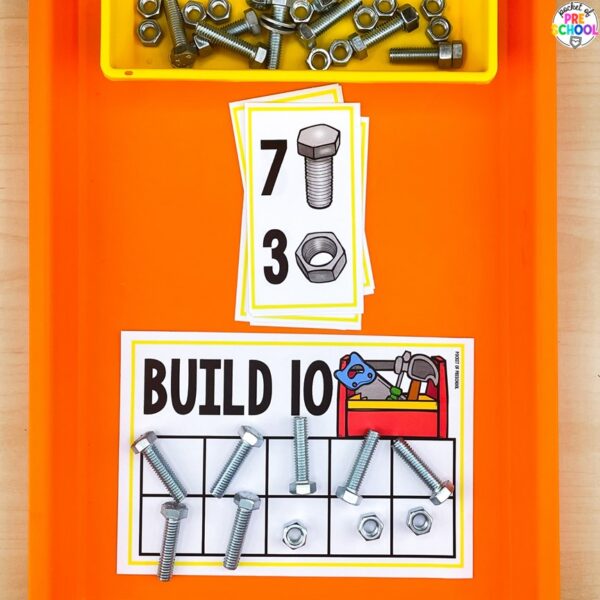Construction make ten mats for preschool, pre-k, and kindergarten students plus 15 other math, literacy, and fine motor activities with a construction theme.