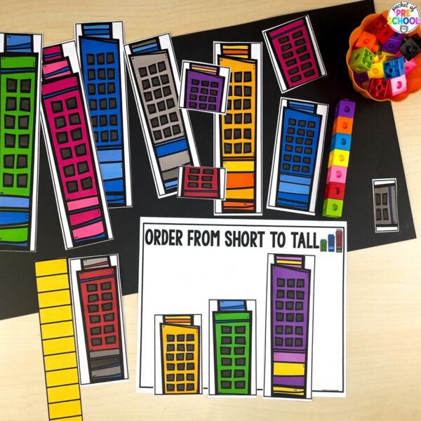 Construction non-standard measurement activity for preschool, pre-k, and kindergarten students plus 15 other math, literacy, and fine motor activities with a construction theme.
