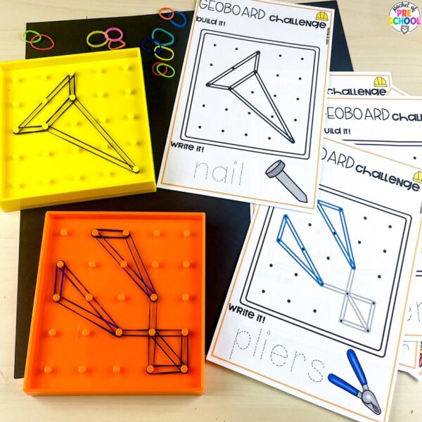 Construction geoboard mats for preschool, pre-k, and kindergarten students plus 15 other math, literacy, and fine motor activities with a construction theme.