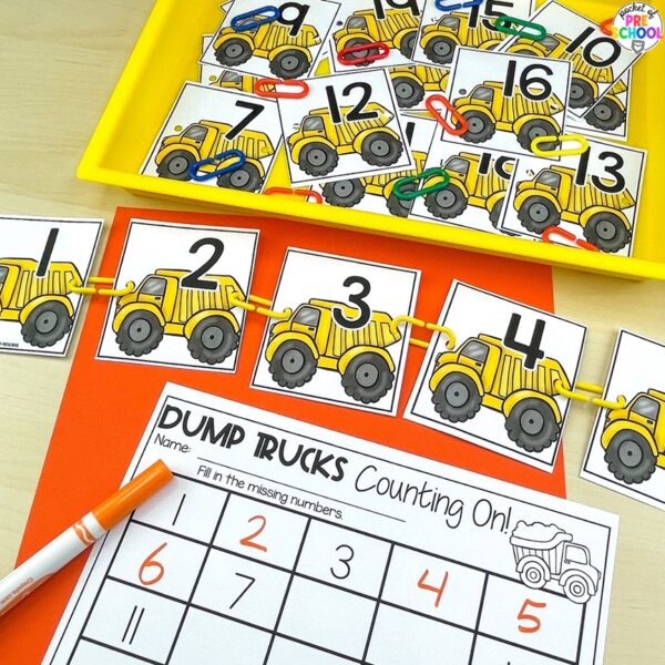 Construction number sequencing activity for preschool, pre-k, and kindergarten students plus 15 other math, literacy, and fine motor activities with a construction theme.